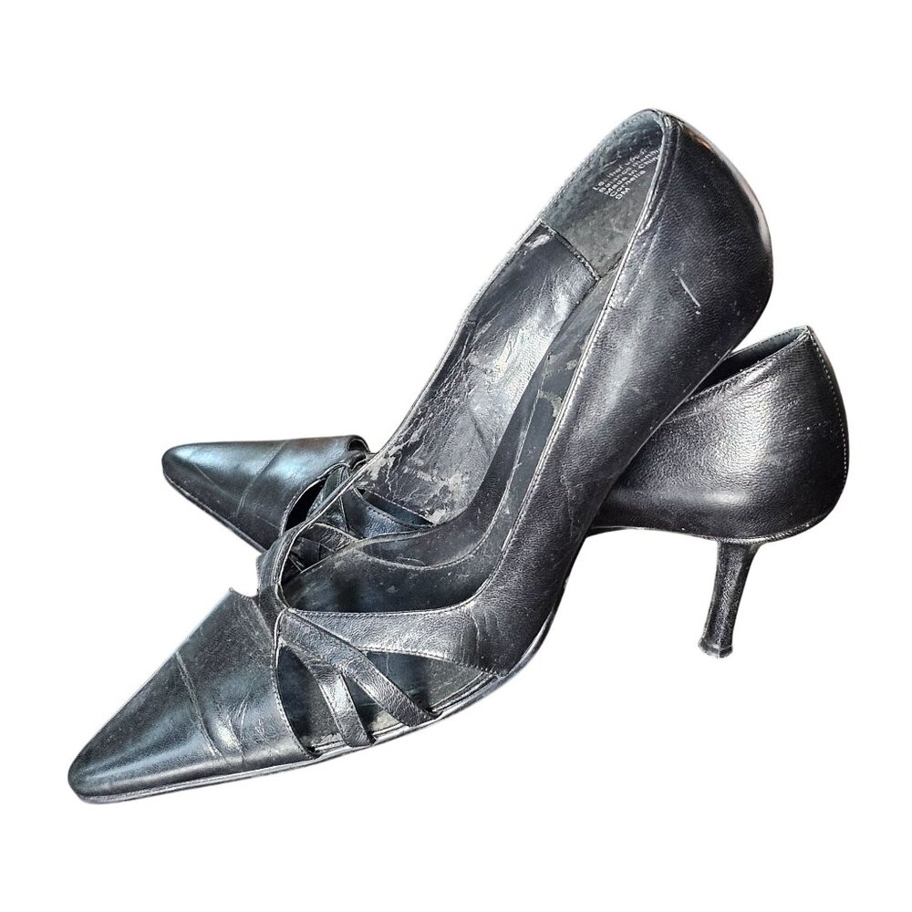 Vintage Black Leather Pointed-Toe Heels By Alfani Cut Out Detail 3-Inch Heel sz